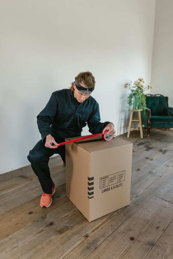 Adult man using red tape to seal a large moving box inside a room with wooden flooring.